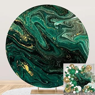 7.5x7.5ft Emerald Green Marble Texture Round Backdrop Cover Polyester Luxury Gold Green Marble Glitter Fliud Background for Photography baby shower Birthday Party Wedding Engagement Decor Props