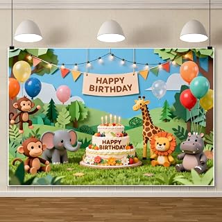 7x5ft Jungle Safari Birthday Backdrop Cartoon Wild Animals Forest Theme Photography Background Outdoor Adventure Party Decor Banner for Birthday Zoo Baby Shower Photo Booth Props
