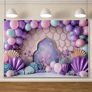 7x5ft Ocean Mermaid Backdrop for Girls Birthday Baby Shower | Underwater Mermaid Photography Background，Purple Balloons Sea Shell Decor Banner，Girls Princess Baby Shower Photo Props