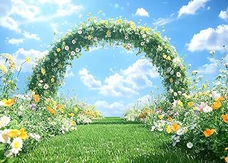7x5FT Spring Backdrop Garden Grassland Arch Green Grass Blue Sky Photography Background Nature Scenery for Wedding Party Decorations Photo Props