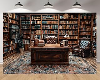 7x5ft Vintage Study Backdrop Classic Bookshelf Leather Chair Persian Rug Background Birthday Conference Graduation Party Supplies Boys Girls Portrait Video Product Banner Photo Booth Props