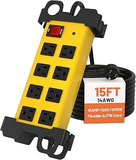 8 Outlet Heavy Duty Power Strip, 2700J Surge Protector with 15FT Extension Cord, Industrial Metal Powerstrip 15Amp, Wall Mount for Garage, Workshop, Home Office, Wide Spaced (15ft)