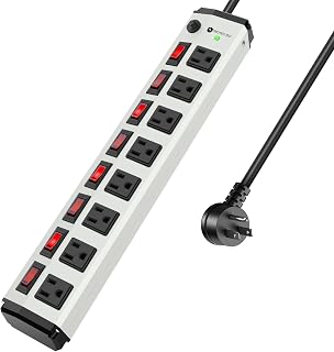 8 Outlet Heavy Duty Power Strip with 8 Individual Switches 1200J White | Moutable Metal Power Strip Surge Protector 15A 1800W 125V 60Hz 10FT 14AWG Extension Cord White