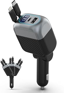 87W Retractable Car Charger, 4-in-1 Fast USB C Charging Car Adapter with 45W Type C Cable for iPhone 17/16 Pro Max & Samsung, 12W Lightning Cable for iPhone 14, Travel Essentials Car Accessories