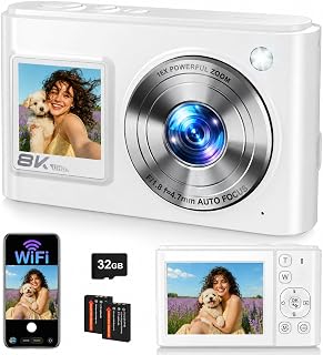 8K Digital Camera, 96MP WiFi Camera for Photography with Dual Screen(White) | Autofocus, Anti-Shake, 16X Zoom, Vlogging Point Shoot Camera for Teens, Beginners, Travel, 2 Batteries, 32GB Card