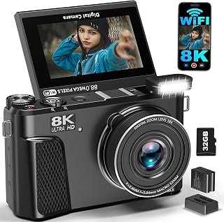 8K Digital Camera for Photography, Autofocus Vlogging Camera for YouTube | 18X Zoom & 3" 180&deg; Flip Screen 88MP Travel Camera with 2 Batteries and 32 GB Gard, Gunmetal