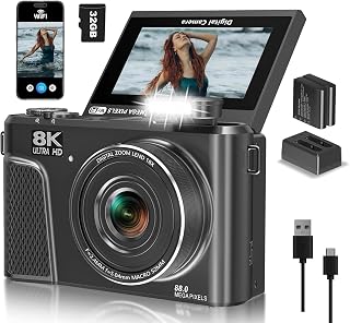 8K Digital Camera for Photography, Vlogging Camera for YouTube with WiFi | 88MP HD Camera 3" 180&deg; Flip Screen, Fill Light, Filters, Beauty & 32GB SD Card & 2 Batteries (Gunmetal)