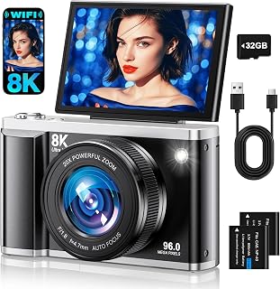 8K Digital Camera for Photography with WiFi 96MP Autofocus Vlogging Camera for YouTube Video 3.5'' 180&deg;Flip Screen 20X Zoom Anti-Shake Compact Point and Shoot Cameras for Beginner Creator with SD Card