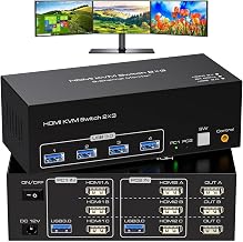 8K HDMI 2.1 KVM Switch 3 Monitors 2 Computers, 8K@60Hz 4K@120Hz, Triple Monitor KVM Switch with 4 USB 3.0 Ports, Extended and Mirror Mode, Wired Remote Controller
