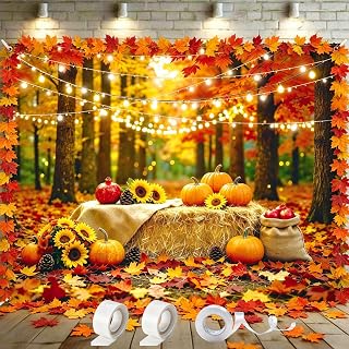 8x6FT Fall Backdrop with 100 Maple Leaves, Thanksgiving Pumpkin Decor