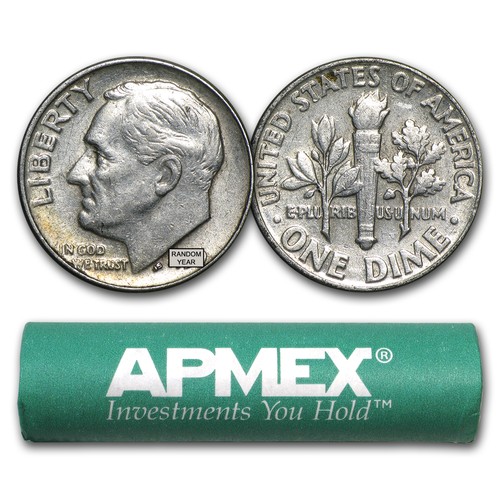90% Silver Roosevelt Dimes 50-Coin Roll Avg Circ