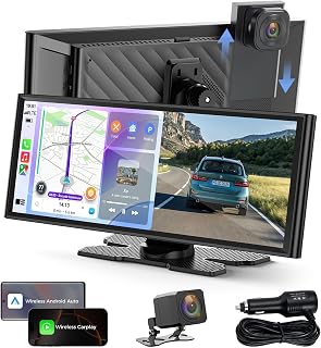 9.26" Wireless CarPlay Screen with 4K+1080P Dual Dash Cam Front and Rear | Backup Camera, 1600x600 IPS Display, Loop Recording, Auto-Brightness, OTA Update, Plug & Play, Apple Car Play & Android Auto