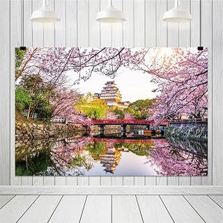 9x6ft Japanese Cherry Blossom Backdrop Osaka Castle Temple Pink Cherry Flower Blossom Nature Background Decorations Photo Studio Props
