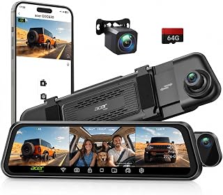 Acer Gadget 3 Channel 4K Rear View Mirror Camera, Mirror Dash Cam for Cars | 4K Front, 1080P Cabin & Rear, 10" Touch Screen, Wi-Fi App, Night Vision, Parking Mode, G-Sensor, 64GB Card included