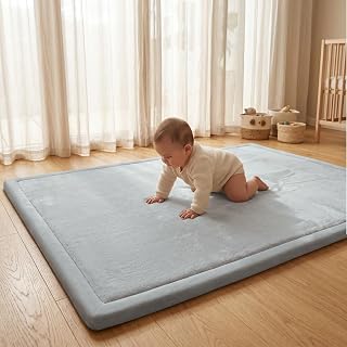 ACOMOPACK Baby Play Mat for Floor 1.3" Thick Memory Foam Play Mat 79"×118" Tummy Time Crawling with Non-slip Bottom for Living Room,Nursery,Soft Velvet Playpen Mats for Kids,Infants(Light Grey)