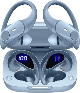 Active Noise Cancelling Ear Buds Wireless Earbuds 80H Playtime Bluetooth Headphones with LED Display Case, Hi-Res Audio Clear Calls Earphones with Over Ear Hooks for Running Gym Workout Sierra Blue