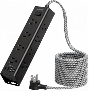 Addtam Black Power Strip Surge Protector with 12 AC Outlets & 4 USB Ports, 25FT Extra Long Extension Cord, Flat Plug, 1050J, Wall Outlet Extender for Garage Workshop Basement Warehouse, ETL Listed