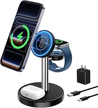 Aeinidi 3 in 1 Fast Wireless Charging Station for Apple, 15W Strong Magnetic Charging Stand Compatible with MagSafe Charger for iPhone 17 16 15 14 13 12 Apple Watch AirPods Series, Adapter Included
