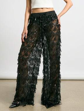 AiiRZ Sheer Sequin Embellished Wide Leg Pants With Elastic Drawstring Waist Party Festival Evening Wear Special Occasion Fringe Detailing  23% OFF
