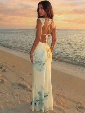 Aloruh Cream Yellow Gradient Floral Mesh Bodycon Backless Summer Dress,Flowy Tropical Holiday Vacation,Lace Trim Bohemian Wedding Guest Dresses  #SunnySilhouettes