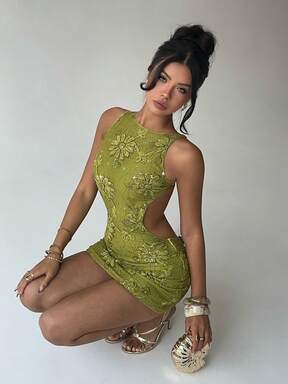 Aloruh Women's 70s Elegant Backless Mini Dress,Olive Green 3D Floral Embroidery Sequin Sheer Detail Bodycon Summer Dress,Round Neck Party Pencil Hem  #SunsetSiren