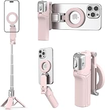 AMAZEAR Phone Camera Grip with Selfie Stick Tripod, Cellphone Accessories with Detachable Wireless Shutter Button for iPhone 16 17 Pro Max, Comfort Ergonomic Phone Handle Holder, Pink