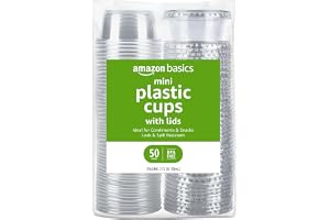 Amazon Basics Disposable Plastic To-Go Cups and Lids, Mini, 2oz, 50 Count, BPA Free, for Condiment, Salad Dressing, Sauces, Jello Shots