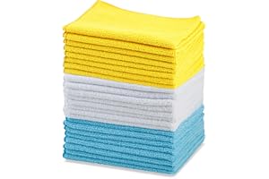 Amazon Basics Microfiber Cleaning Cloths, Ultra Absorbent, Lint Free, Streak Free, Non-Abrasive, Reusable and Washable, 16" x 12", Blue/White/Yellow, Pack of 24