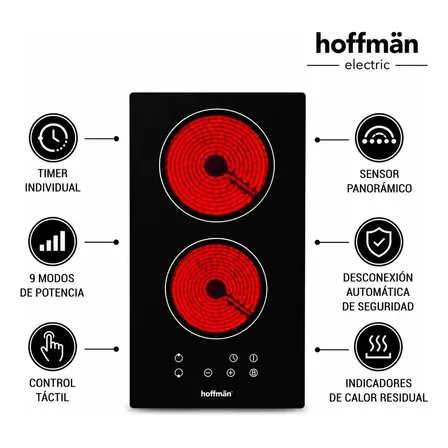 Anafe El&eacute;ctrico Empotrable Hoffman 2h 3000w Vitrocer&aacute;mico Color Negro Control T&aacute;ctil de Temperatura Pantalla LED 9 Niveles de Potencia Traba de Seguridad Indicador de Calor Residual