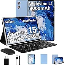 Android 15 Tablet 30GB+128GB+1TB Expand, 2026 10.1 Inch Octa-Core 8000mAh Electronics Tablets with Keyboard Mouse, Gemini AI, 5G WiFi, 1280x800 IPS Touchscreen, GPS, BT5.0, Widevine L1 -Metal Blue