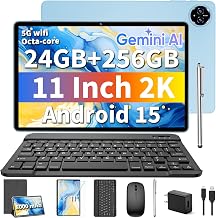Android 15 Tablet with Keyboard - 11 inch Tablet with 24GB+256GB+2TB Expand | 2026 Electronic Tablet with Gemini AI, 8-Core, 5G WiFi, 8000mAh, GPS, GMS, 2 in 1 Tablet PC with Case, Mouse, Stylus (Silver)