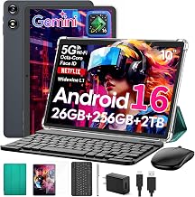 Android 16 tablet 10 inch, Android Tablet with Keyboard, 26GB+256GB+2TB Expand, Electronic Tablet PC with Gemini, 8-Core, 8000mAh, 5G WiFi, GPS, GMS, 2 in 1 Tablet with Case/Mouse/Stylus(Black Case)