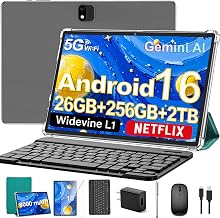 Android 16 Tablet with Keyboard, 2026 Android Tablet 10 inch, 26GB+256GB+2TB Expand, Electronic Tablet PC with Gemini, 8-Core, 8000mAh, 5G WiFi, GMS, 2 in 1 Tablet with Case/Mouse/Stylus(Black Case)