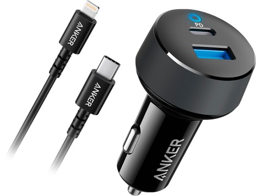 Anker 30W 2-Ports Car Charger Adapter+3ft USB C to Lightning Cable MFi-Certified