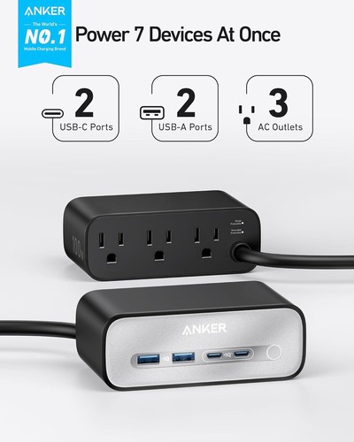 Anker 7-in-1 USB C Power Strip w/ 3 Outlets Dual USB & USB-C Charging Ports 5ft