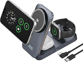 AOC GW300 25W Qi2.2-Certified 3-in-1 Foldable Wireless Charging Station | Magnetic Charger with Vacuum Suction & Active Cooling for iPhone 17, Apple Watch, AirPods (45W PD, Non-Battery)