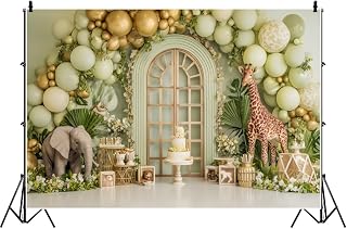 AOFOTO 5x3ft Jungle Animals Theme Backdrop for Photography Balloons Arch Window with Greenery Safari Background Boy Newborn Room Decor Birthday Baby Shower Portrait Photo Shoot Props Polyester