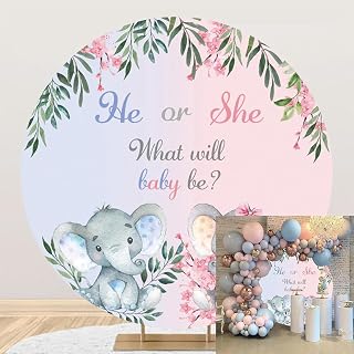 AOFOTO 7.2x7.2ft Gender Reveal Round Backdrop Cover Cartoon Baby Elephant Rustic Flower Leaf Printed Photography Background What Will Baby Be He or She Pink Blue Pregnant Mom Surprise Party Decor