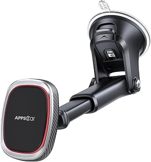 APPS2Car Magnetic Phone Holder for Car, Dashboard Windshield Phone Mount | 6 N52 Magnets, Telescopic Arm & 360&deg; Rotation, Suction Cup Phone Mount for iPhone, Samsung & Android, Metal Plate Included