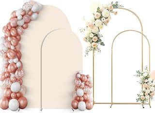 Arch Backdrop Stand Set of 2 With Beige Cover (7.2FT+6FT) | Gold Metal Wedding Balloon Arch With Stable Base,Elegant Decor for Party,Birthday,Baby Shower,Graduation,Easy to Assemble