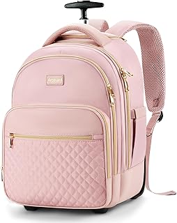 Arcoyard Rolling Backpack for Women, 15 inch Lightweight Wheeled Roller Laptop Backpack for Adults, Water Resistant Underseat Carry On Luggage Bag, TSA Friendly Anti Theft Business Gear, Pink Gold