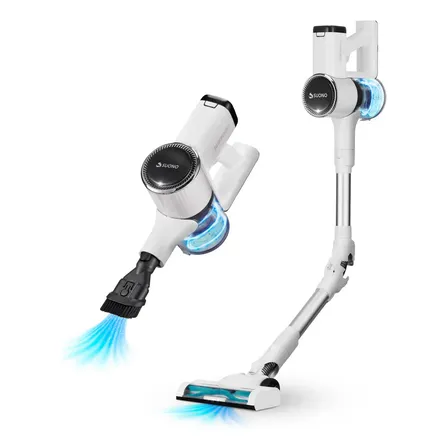 Aspiradora Vertical Inal&aacute;mbrica Flexible Suono Stick Plegable 2 En 1 Luz Led Doble Filtro Hepa Y Acero Con Accesorios Color Blanco
