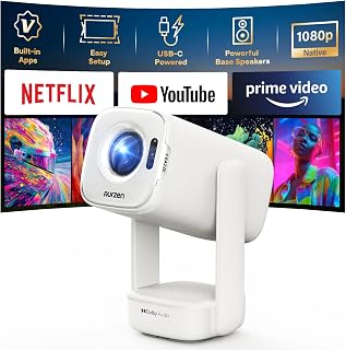 Aurzen D1 air Smart Portable Projector with WiFi and Bluetooth, USB-C Powered, Easy Auto Setup, 16W Dolby Audio, Built-in Apps, Native 1080P HDR10, Outdoor Movie Projector, White