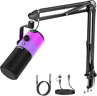 Aveek USB/XLR Dynamic Microphone with Boom Arm for Gaming & Streaming | RGB Lighting, Noise Cancellation, One-Touch Mute, Monitor Mix & Headphone Jack for PC & PS5