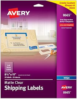 Avery Full Sheet Printable Shipping Labels, 8.5" x 11", Matte Clear, Inkjet, Create Custom Labels Using Scissors or Electronic Cutting Machines, 25 Total (8665)
