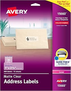 Avery Printable Address Labels for Laser Printers, 1" x 2-5/8", Matte Clear, 300 Blank Mailing Labels (15660)