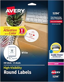Avery&reg; Round Printable Labels, 2.5" Diameter, Matte White, Sure Feed&reg; Technology, Laser & Inkjet Compatible, 300 Blank Labels Total, Great for Branding, Packages, School Supplies, and More (5294)