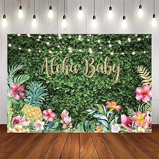 Avezano Aloha Baby Shower Backdrop Green Grass Summer Hawaiian Floral Tropical Photography Background Leaves Baby Shower Party Decoration Props (10x7ft)
