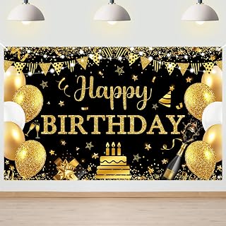 Avezano Happy Birthday Banner Glitter Balloon Happy Birthday Decorations Backdrop Glitter Bday Photo Background for Men Women Boys Girls (Black Gold, 6 x 3.6 ft)