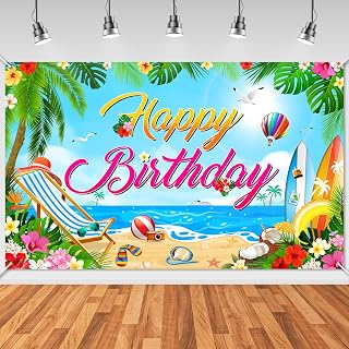 Avezano Summer Beach Birthday Party Decorations Summer Birthday Party Banner 6 x 3.6 ft Tropical Theme Happy Bday Backdrop for Women Girls Adults